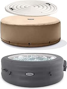 Intex Simple Spa 77 Inch by 26 Inch 4 Person Round Outdoor Inflatable Hot Tub Set with Energy Efficient Cover and Filter Pump, Gray