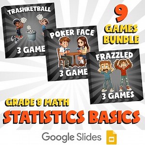 9 No Prep Math Games Bundle D - Statistics Basics - Grade 8 Review Activity