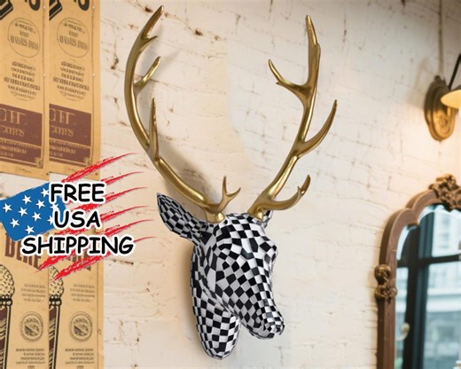 Stunning Checkered Deer Head Figurine Rustic Deer Wall Decor, Wildlife Resin Wall Hanging Art, Home Accents, Unique Animal Sculpture - Etsy