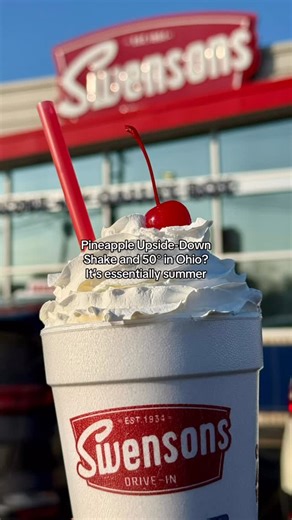 The sun setting after 6pm is the cherry on top 🍒 #pineappleupsidedowncake #milkshake #ohio | Swensons Drive-In Restaurants