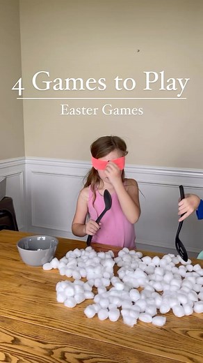 Emily Lawson | family, food, and home on Instagram: "Easter Games - Minute to Win It Style 🌼Cotton Ball Scoop: Blindfolded scoop the cotton balls into a bowl. The person with the most cotton balls in 1 minute wins. 🌼Peep Knock Down: place 5 peeps at the end of the table per player. Each player rolls an Easter Egg to knock down their peeps. First one to knock down all their peeps WIns 🌼Jellybean Transfer: Holding a spoon in your mouth, scoop jellybeans from a bowl into you
