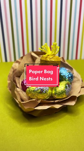 Turn a brown paper bag into a cute spring bird nest craft for kids. Make these easy bird nests for your Easter table placesettings. Make and pass them out at your Easter or Spring party. Kids will love this easy and fun spring activity paper craft. Make a craft with things tou have around the house. #birdnest #papercraft #paperbag #kidscrafts #easycraft #partyfavors #kidsactivities #spring