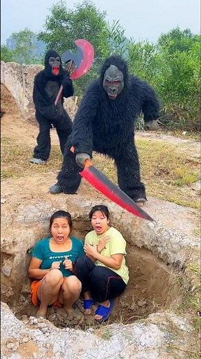 2 Ferocious Gorilla Monsters Attack 2 Beautiful Brave Girl Scaredly Hiding In Deep Hole