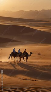 Riding camels through the desert are people dressed in traditional white oriental costumes.