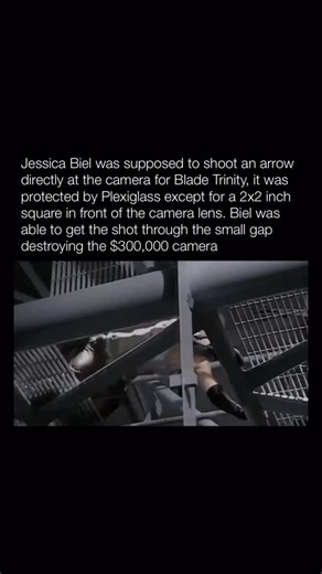Explaining Films on Instagram: "During the production of Blade: Trinity, Jessica Biel was tasked with a daring stunt: shooting an arrow directly at the camera. Safety measures included Plexiglass shielding the lens, except for a tiny 2x2 inch square, precisely aligned with the intended shot. Biel executed the shot flawlessly, her arrow finding the narrow gap with remarkable precision. Unfortunately, the arrow struck the camera itself, shattering the $300,000 piece of equipment. The incident beca