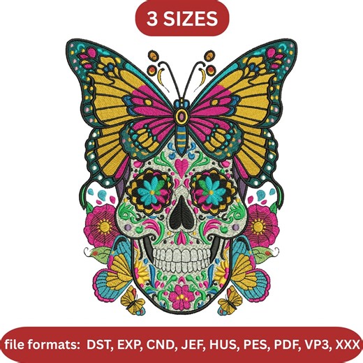 Butterfly Sugar Skull Embroidery Design, Floral Skull Pattern, Day of the Dead Machine Embroidery, 3 Sizes, Instant Download - Etsy