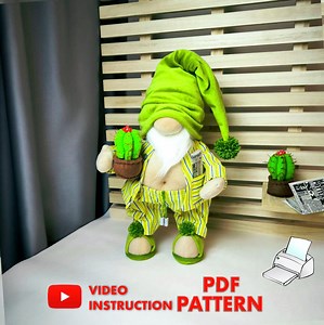 Cozy Pajama Gnome With Newspaper and Cactus – Approx. 45 Cm (18") Pattern Pdf Gnome PDF Scandinavian DIY Handmade   Free Video Tutorial - Etsy