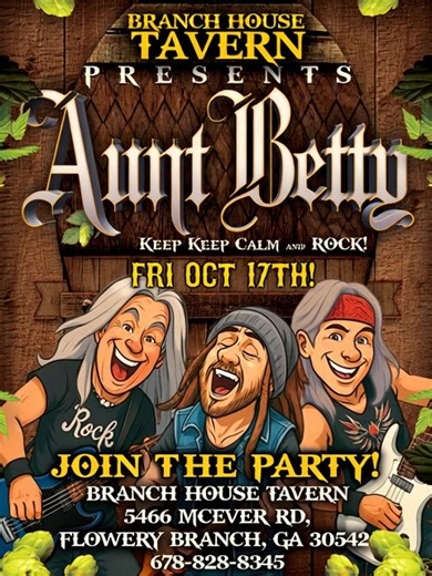 Aunt Betty returns to Branch House Tavern this Friday! Because apparently they’re still letting us in. We’ll play songs you love — and probably butcher a few. Come laugh, sing, and help us pretend we’re professionals. 📍 Branch House Tavern – 5466 McEver Rd, Flowery Branch, GA 🕤 Showtime: 9:30 PM | Friday, Oct 17 #AuntBetty #BranchHouseTavern #LiveMusic #LowerYourExpectations | Aunt Betty