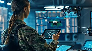In a futuristic training facility, a female soldier operates a state-of-the-art reconnaissance drone indoors