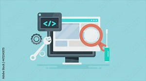 Website bug fixing, software application testing, web development, coding and programming concept. Digital communication technology, 2d animation 4k video clip.