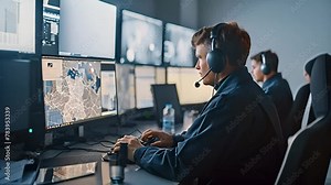 Security personnel working diligently in a high-tech control room, analyzing real-time data on multiple screens during a night shift