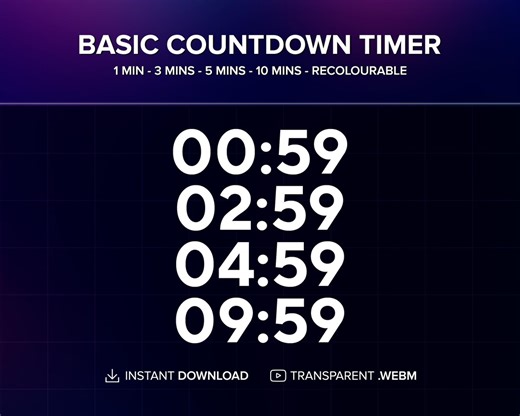 Countdown Timer for Twitch/kick/youtube Stream Overlay, 1, 3, 5, 10, 15, 30, 45, 60 Mins. Loading Screen, Starting Soon, Instant Download - Etsy