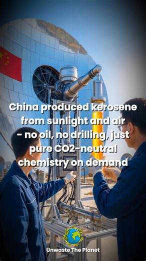 China has developed a revolutionary solar-powered reactor that turns sunlight, air, and water into liquid jet fuel. Created by the Dalian Institute of Chemical Physics, this prototype produces synthetic kerosene by replicating the principles of photosynthesis—with industrial precision. The system uses an array of heliostats to concentrate sunlight onto a reactor containing cerium oxide. This high heat breaks down carbon dioxide and water vapor into carbon monoxide and hydrogen. These gases are t