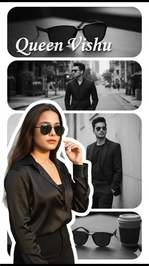 VISHAKHA KASHYAP on Instagram: "Vertical new year collage poster design. The background consists of four horizontal rounded rectangles stacked on top of each other. Inside these panels are black and white cinematic shots of a slim-fit stylish young man (uploaded photo) and sunglasses in various poses. Overlapped in the foreground left is a high quality, full color collage image of the same woman' wearing an unbuttoned black shirt and sunglasses, striking a cool pose. The image in the foreground 