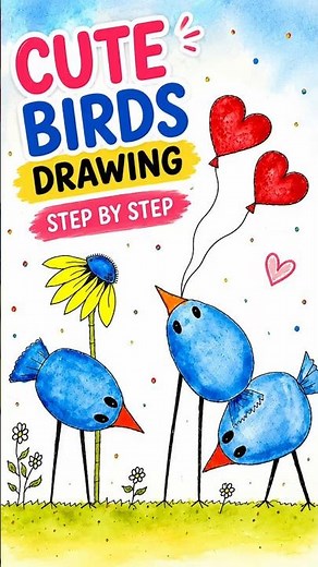 Cute Blue Birds Watercolor Drawing