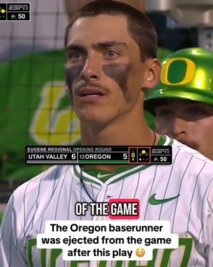 Oregon Ducks Baseball catcher Anson Aroz was ejected after this play in the Ducks' 6-5 NCAA Baseball tournament loss to the Utah Valley Wolverines. Aroz was originally ruled safe, but Utah Valley successfully challenged the call for "malicious contact." | ESPN