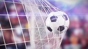 Soccer Ball Flying into Goal Net in Slow Motion Beautiful Football 3d Animation. Goal Kick Moment in Freeze Video Abstract Match at Stadium Tribunes. Sport Games Concept 4k Ultra HD 3840x2160.