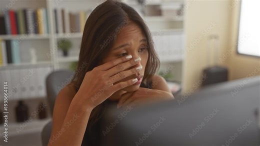Thai woman rubbing her eyes and covering nose with manicured hand at office building computer desk, visible files and bookshelf; fatigue reflection.