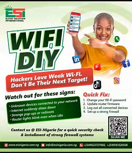 Use this tips to check if your WiFi is hacked Fix it 1. Change that old password 2. Update your router firmware 3. Log out connected devices 4. Set up a strong firewall Stay one step ahead. Protect your digital space with Elitist Solution International (ESI)  #CyberSecurity #WiFiSafety #TechTips #esinigeria #OnlineSecurity #WiFiDIY #wifi #wifimoney | ESI Nigeria- Elitist Solution International | Facebook