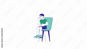 Scared little boy sitting on chair 2D character animation. Stress emotions expression cartoon 4K video, alpha channel. Asian child suffering from abuse animated person on white background