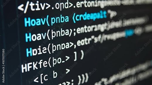 Glowing White and Blue HTML Code Scrolling on a Dark Monitor