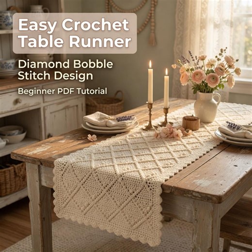 Crochet Table Runner Tutorial | Diamond Bobble Stitch, Beginner PDF Guide - Etsy