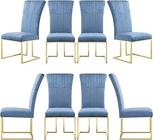 AZhome Modern Dining Chairs, Sky Blue Velvet Upholstered Dining Chairs with Geometric Texture Design Back and Mirror Gold Sled Base, Contemporary Dining Room Chair for Dining Room, Kitchen (Set of 8)