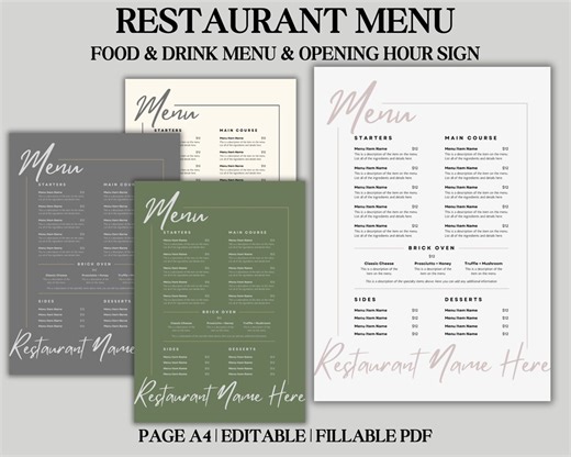 Minimalist Restaurant Menu Template: Editable A4 PDF & Canva - Etsy Canada