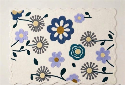 Floral Hand Tufted Wool Rug Scalloped Edge Area Rug Large Custom Lavender and Navy Blue Bedroom Rug Aesthetic Flower Pattern Nursery Carpet - Etsy