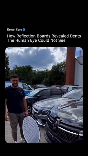 KenanCars on Instagram: "Some surface dents remain invisible under normal lighting, even on brand-new cars. Reflection boards with parallel lines make these flaws visible by exaggerating tiny distortions on the panel. When a straight line bends or curves, it reveals an imperfection that would otherwise go unnoticed. Detailers and inspectors use this method to check every panel for precise alignment and surface accuracy before a vehicle leaves the lot. The process ensures a flawless exterior that
