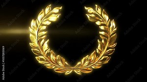 Golden reflective glowing laurel wreath. Triumph winner success symbol. Victory ceremony template. Luxury gold emblem motion graphics. Royal achievement golden branches. Competition award mockup.