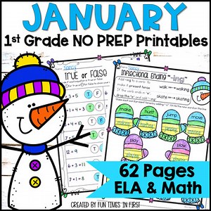 1st Grade January NO PREP Printables - ELA & Math Spiral Review Worksheets