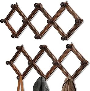 2-Pack Accordion Hat Rack for Wall - Expandable Coat Rack Wall Mount with 10 Hooks - Solid Wooden Wall Hanger for Coats, Hats, Bags & Baseball Caps - Modern Wood Expandable Hat Holder