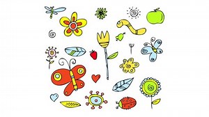 sketchy flower power pattern wallpaper with many little items of bright reddish and yellow color with butterflies worms and insects cute design for nature lovers
