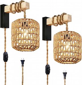 Capslad Plug in Wall Sconces Set of Two Dimmable Boho Rattan Wall Lamp with Wood Arm Rustic Wall Mount Lamp with Hemp Rope Cord Farmhouse Wall Light Fixture for Bedroom Living Room Entryway