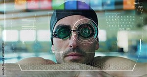 professional swimmer leaning at the poolside in an Olympic pool looks in the chamber and appear in the technological holography graphics.Concept:sport,augmented reality, futuristic vision of swimming