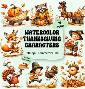 Thanksgiving Character Clipart Bundle, Cute Autumn Animal Pngs, Watercolor Pilgrims, Fall Kids Graphics, Instant Download, Commercial Use - Etsy
