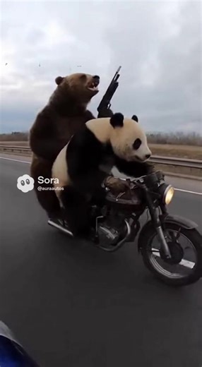 Bear & panda cruising the highway like action heroes 😂🔥 #animals #panda #highway #viralvideos #funny