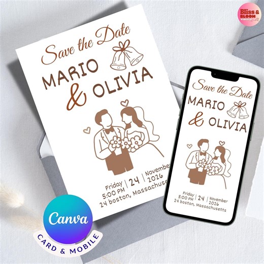 Hand Drawn Save the Date Invitation, Whimsical Wedding, Printable & Mobile Wedding Invitation, Canva Design, Doodle Style Digital Invite - Etsy