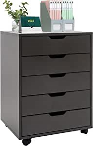 YISUYA Mobile Filing Cabinet, 5-Drawer File Cabinet, Filing Cabinet, Wooden Drawer Cabinet, Office Storage Cabinet, Pulley Movable File Cabinet, Office Organization and Storage, Dark Gray