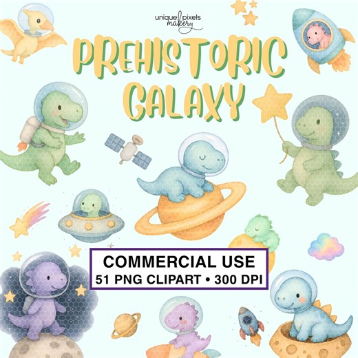 Baby Space Dinosaur Clipart Transparent PNG | Watercolor Outer Space Galaxy Dino With Astronaut, Rocket, Moon, Planet, Eggs, Shooting Star - Etsy