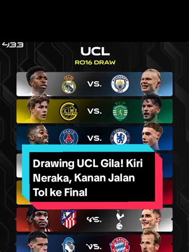 Drawing UEFA Champions League 16 besar kali ini bener-bener nggak santai 😭🔥 Bagian kiri bracket = isi boss semua 💀 Isinya tim-tim serem yang dari awal udah kayak final duluan… Sedangkan bagian kanan bracket = lebih “adem” 😅 Jalannya keliatan lebih mulus buat ke final 👀 Yang bikin makin menarik: Chelsea ketemu lagi sama Paris Saint-Germain 🤝 rematch vibes CWC, belum move on ternyata 😭 Dan seperti tradisi tahunan… Manchester City vs Real Madrid lagi… lagi… dan lagi 😤 Sementara di sisi kana