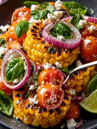 9.9K views · 309 reactions | Charred Corn Delight Smoky, sweet corn salad tossed with tangy lime, feta, and fresh herbs — summer in every bite! Yield: 4 servings Temperature: Medium-high grill or skillet Time: 25 minutes ................................. Full Recipe in First Cօʍʍеոτ  | Slice of Heaven | Facebook