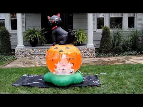 Airblown Halloween Inflatable - Animated & Lighted Cat Sitting on a Tornado Pumpkin - 5 Ft Tall.