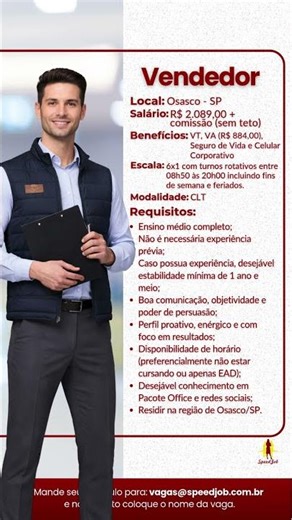 [Vaga] Vendedor #contratação #vagas #vagasdetrabalho #novoemprego