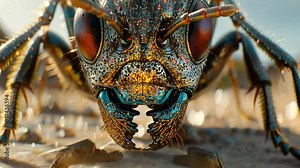 A striking insect displays its colorful features, focusing on the remarkable textures of its eyes and mandibles as it explores its surroundings under bright light