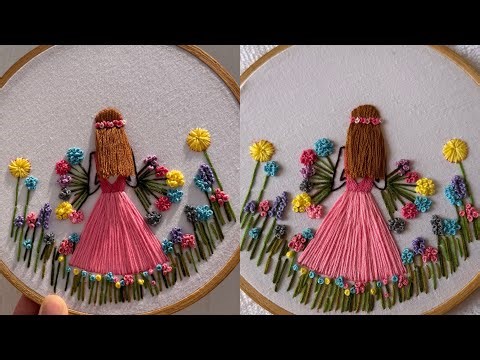 Girl in flower field embroidery/ girl hair embroidery/ beautiful embroidery designs/dress embroidery
