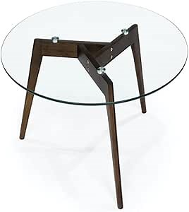 Round Tempered Glass End Table, Round Mid Century Coffee Table, Minimalist Small Coffee Table for Small Spaces Living Room Office, with Triskele Walnut Wood Legs (23.6" D x 17.7" H)
