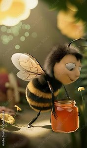 A cartoon bee with large, expressive eyes smiles while holding a jar of honey in its front legs. The bee is standing in a garden setting with yellow flowers