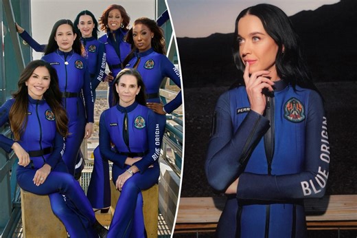 Katy Perry, Gayle King and Lauren Sánchez pose in their space suits as they prepare for Blue Origin flight
